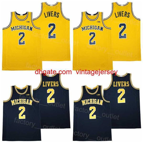 NCAA College Basketball Michigan Wolverines 2 Isaiah Livers Jersey Hombres Todo cosido Color del equipo Azul marino Amarillo Para fanáticos del deporte HipHop Transpirable Hip Hop