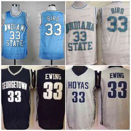 NCAA College Georgetown Hoyas Gray 33 Patrick Ewing Indiana State Sycamores 33 Larr Blue White Basketball Jersey genaaid