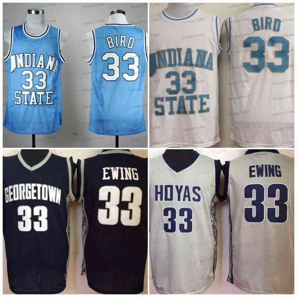 NCAA College Georgetown Hoyas GREY 33 Patrick Ewing Indiana State Sycamores 33 Larr Blue White Basketball Jersey Cousu