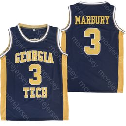 NCAA College Georgia Tech Jaune Vestes Basketball Jersey Stephon Marbury Taille S-3XL Tous Cousus Broderie Marine