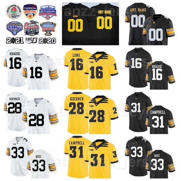 NCAA College Iowa Hawkeyes Fútbol 31 Jack Campbell Jerseys Hombres 28 Koerner Bob Sanders 33 Riley Moss Chuck Long 16 Paul Krause University Equipo Negro Blanco Amarillo