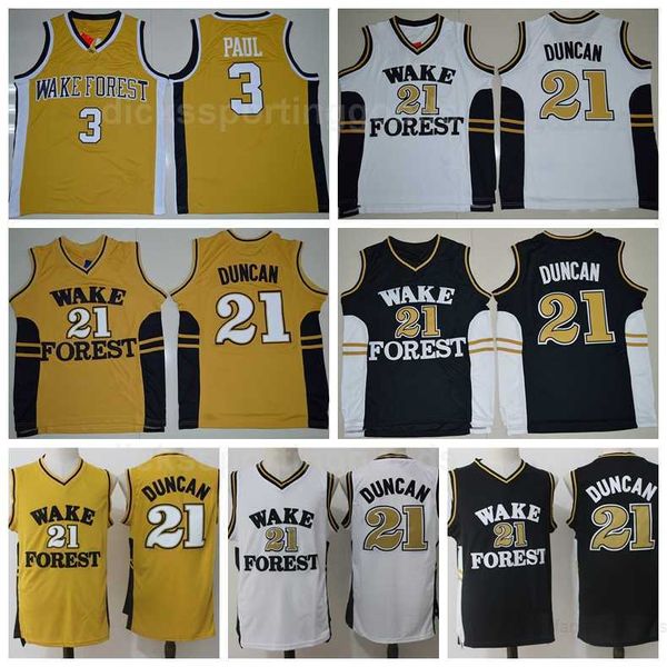 NCAA College Hommes Basketball Tim Duncan Maillots 21 Wake Forest Demon Deacons Chris Paul Maillots 3 Université Jaune Noir Blanc Couleur