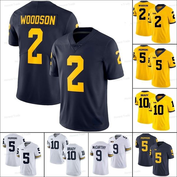 Michigan Wolverines 9 JJ McCarthy Jersey 2 Woodson 10 Tom Brady 97 Aidan Hutchinson Peppers Fútbol universitario Cosido Amarillo Azul Blanco Hombres