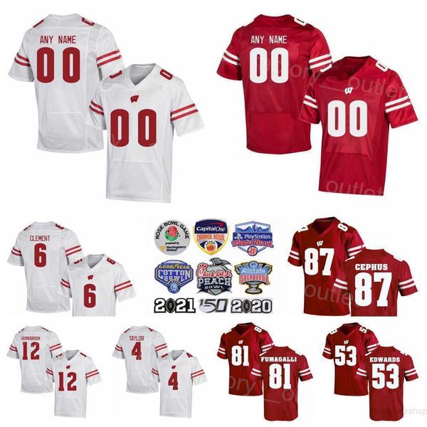 NCAA College Wisconsin Badgers Jersey Football 12 Alex Hornibrook 87 Quintez Cephus 6 Danny Davis III 4 AJ Taylor 81 Troy Fumagalli 53 TJ Edwards University Cousu