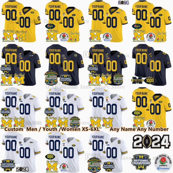 Camiseta de fútbol personalizada NCAA 2023-24 Big Ten Champion Michigan Wolverines 9 J.J. McCarthy 10 Tom Brady 2 Charles Woodson Cade McNamara Corum 1000 gana el parche Rose Bowl