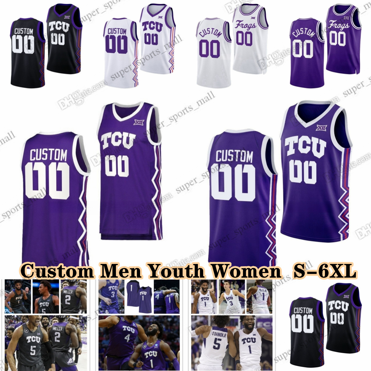 NCAA Custom S-6XL TCU Horned Frogs College Basketball 2 Emanuel Miller Trikots 3 Avery Anderson III Jameer Nelson Jr. 8 Ernest Udeh Jr. Essam Mostafa Tyler Lundblade