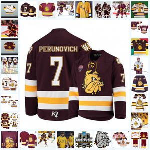 NCAA Custom UMD Minnesota Duluth Bulldogs Gestikte Hockey Jersey 22 Junior Lessard 23 J. T. Brown 83 Karson Kuhlman 39 Parker Mackay 32 Hunter Shepard 19 Alex Iafallo