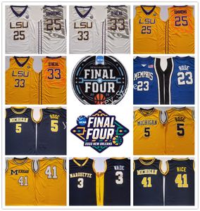 NCAA Final Four 4 Basketball Jerseys 25 B.SIMMONS 33 S.ONEAL Jersey LSU Tigers White Marquette Golden Eagles Blue 3 WADE Memphis 23 ROSE Jersey Stitched College