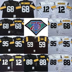 1975 1982 Retro Football 68 L C Greenwood Jersey 12 Terry Bradshaw 59 Jack Ham 88 Lynn Swann 95 Greg Lloyd 75e verjaardag Vintage stiksel Zwart Wit Uniform Heren