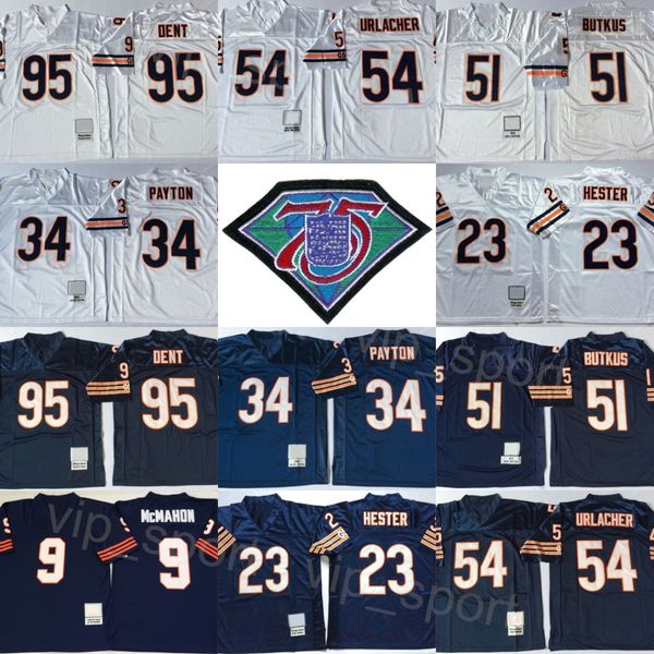 Football vintage 34 Walter Payton Maillots 51 Dick Butkus 54 Brian Urlacher 95 Richard Dent 9 Jim McMahon 23 Devin Hester 75e anniversaire 1979 1985 Rétro Marine Blanc