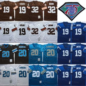 Rétro 1964 1986 Football 32 Jim Brown Jerseys 19 Bernie Kosar 19 Johnny Unitas Jersey 20 Barry Sanders Man Vintage Blanc Bleu Noir Tout Cousu 75e Anniversaire