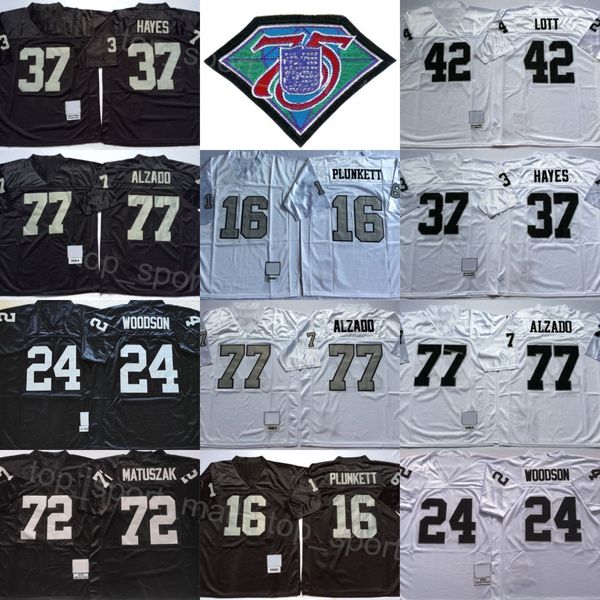 Football rétro 16 Jim Plunkett Jersey 1976 1980 1984 1998 Vintage 24 Charles Woodson 37 Lester Hayes 42 Ronnie Lott 77 Lyle Alzado 72 John Matuszak Noir Blanc Hommes