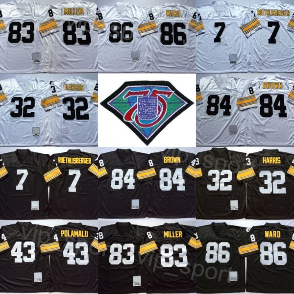 Vintage 1975 Football 43 Troy Polamalu Maillots 83 Heath Miller 84 Antonio Brown 86 Hines Ward 32 Franco Harris 7 Ben Roethlisberger Couleur de l'équipe Noir Blanc 75e Rétro