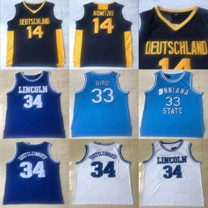 NCAA Indiana State Larry 33 Bird University Jersey 14 Dirk Nowitzki Shuttlesworth #34 Lincoln 100% gestikte filmbasketbal M