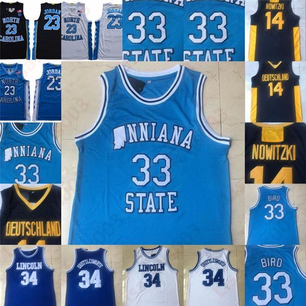 NCAA Indiana State University Larry 33 Bird Jersey 14 Dirk Nowitzki 23 Michael MJ Shuttlesworth # 34 Lincoln 100% Stitched Bask