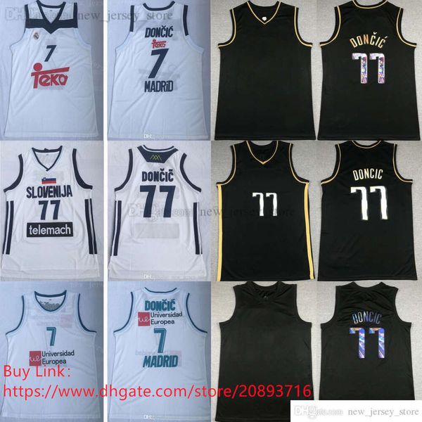NCAA Luka Madrid Doncic Jerseys 77 Uniforme de basket-ball 7 Team Club MVP Euroligue Espagne Europe Slovénie Cousu Qualité Hommes Blanc Noir