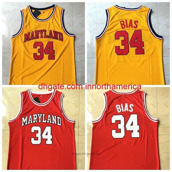 NCAA Maryland Len # 34 Biais Basketball Jersey Rouge Jaune Tout Cousu et Broderie Taille S-2XL