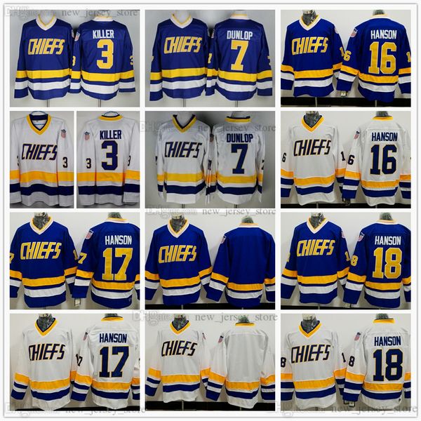 Maillot de hockey Stitched Brothers Slap Shot Charlestown Chiefs 16 Jack 17 Steve 18 Jeff Hanson 7 Francine Dunlop 3 Killer Vintage CCM Movie Blue White Jerseys