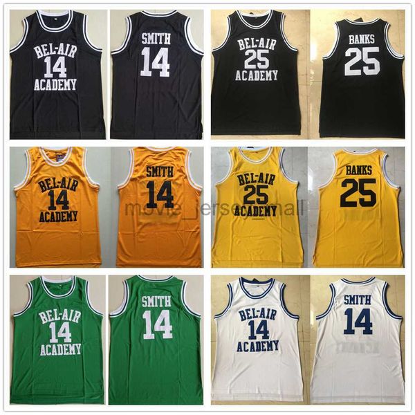 NCAA Hombres The Fresh Prince of Bel-Air Camisetas de baloncesto College # 14 Will Smith Academy Jersey 25 Carlton Banks Camisetas Amarillo Negro Blanco Verde