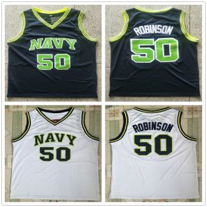 NCAA Mens Vintage David Robinson 50 basketbalshirts de Admiral Naval Academy Navy Midshipmen USNA College Blue White Ed Shirts S-X