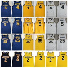 NCAA Michigan Wolverines College 2 Poole Basketball Jerseys 5 Jalen Rose 4 Chris Webber 25 Juwan Howard Vintage Yellow Blue Blanc Shirts cousus S-XXL