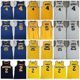 NCAA Michigan Wolverines College 2 Poole Basketball Jerseys 5 Jalen Rose 4 Chris Webber 25 Juwan Howard Vintage Yellow Blue Blanc Shirts cousus S-XXL