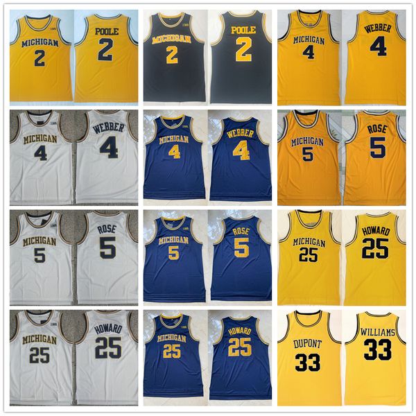 NCAA Michigan Wolverines College 5 Jalen Rose Maillots de basket-ball 4 Chris Webber 25 Juwan Howard 2 Poole 33 Jason Williams Maillot cousu