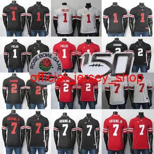 NCAA Ohio State Buckeyes Maillots 1 Fields Jersey 2 Dobbins 7 Haskins Jr Blanc Noir Rouge Maillot de football universitaire pour hommes cousu 150TH