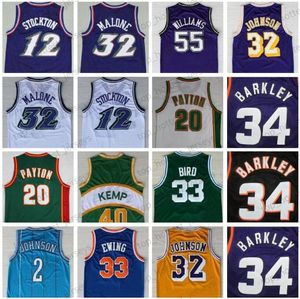 Bird Retro Basketball Jerseys 33 Larry 12 Stockton 32 Karl Malone Jason Williams Ewing Gary Payton Kemp Barkley Dikembe Mutombo Jersey T-shirt Homme Uniforme