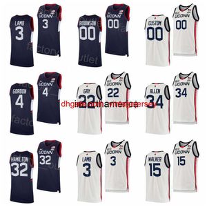 NCAA UConn Huskies College Jersey Basketball 3 Jeremy Lamb 22 Rudy Gay 32 Richard Hamilton Ray Allen 34 Kemba Walker 15 Ben Gordon 4 Vintage Bleu Marine Blanc