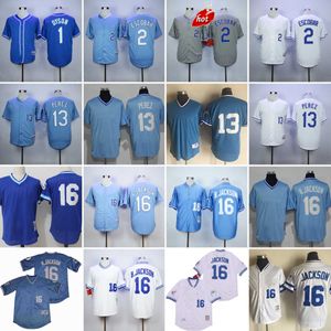 NCAA Vintage 16 Bo Jackson Maillots de baseball 13 Salvador Perez 2 Alcides Escobar 1 Jarrod Dyson Jersey Bleu 1985 Blanc 1980 1989