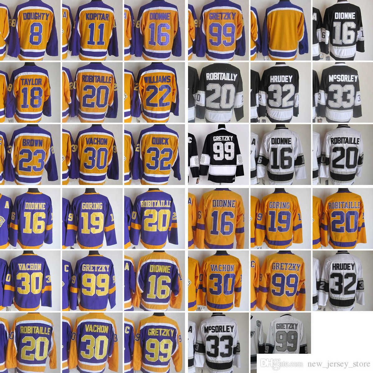1967-1999 Movie Retro CCM Hockey Jersey broderie 99 Gretzky 8 Doughty 11 Anze Kopitar 16 Dionne 18 Taylor 19 Butch Goring 20 Robitaille 23 Brown 30 Vachon 32 Quick