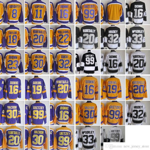 1967-1999 Película Retro CCM Hockey Jersey Bordado 99 Gretzky 8 Doughty 11 Anze Kopitar 16 Dionne 18 Taylor 19 Butch Goring 20 Robitaille 23 Brown 30 Vachon 32 Quick