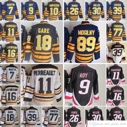 1970-1999 Film Retro CCM Hockey Jersey Broderie 7 Rick Martin 9 Derek Roy 10 Hawerchuk 11 Gilbert Perreault LaFontaine Gare Vanek Miller Hasek Turgeon Mogilny