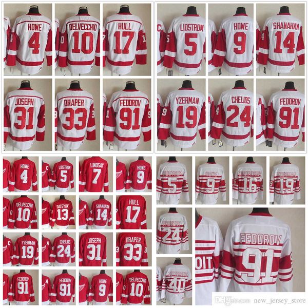 1926-1999 Película Retro CCM Hockey Jersey Bordado 31 Curtis Joseph 33 Kris Draper 93 Johan Franzen 40 Zetterberg 13 Pavel Datsyuk 17 Brett Hull 16 Konstantinov