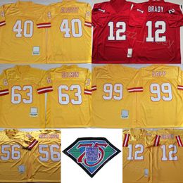 Vintage voetbal 99 Warren Sapp Jersey 40 Mike Alstott 56 Hardy Nickerson 12 Tom Brady 63 Lee Roy Selmon Retro gestikt 75e verjaardag geel team ademende kleur