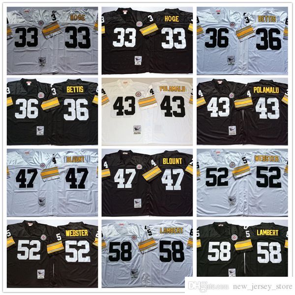 NCAA Throwback Football 36 Jerome Bettis Maillots Rétro Stitch 43 Troy Polamalu 58 Jack Lambert 33 Merril Hoge 47 Mel Blount 52 Mike Webster Jersey