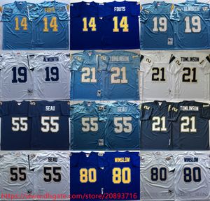 NCAA Throwback 21 LaDainian Tomlinson Maillots de football Rétro Stitch 55 Junior Seau 14 Dan Fouts 19 Lance Alworth 80 Kellen Winslow Jersey Bleu Blanc