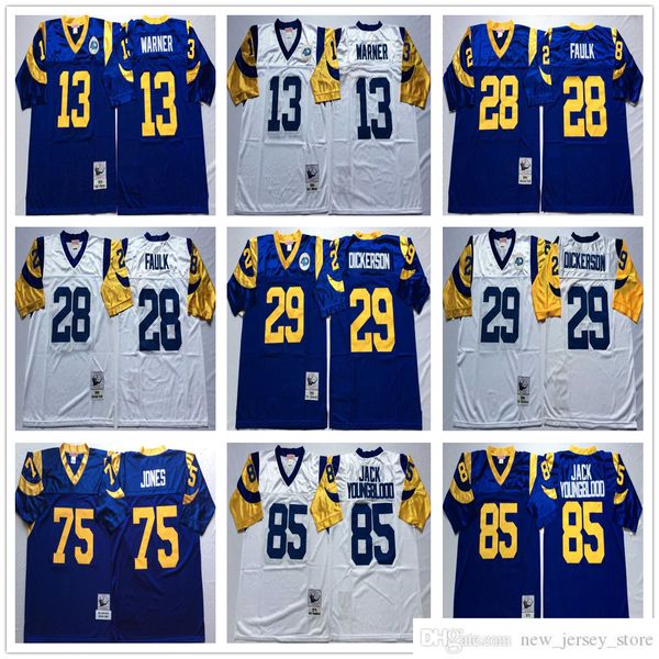 NCAA Throwback 85 Jack Youngblood Camisetas de fútbol Retro Stitch 28 Marshall Faulk 13 Kurt Warner 29 Eric Dickerson 75 Deacon Jones Jersey Azul Blanco