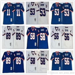 NCAA Throwback 89 Mark Bavaro voetbalshirts Retro Stitch 11 Phil Simms 53 Harry Carson 56 Lawrence Taylor 58 Carl Banks Jersey College Blue White