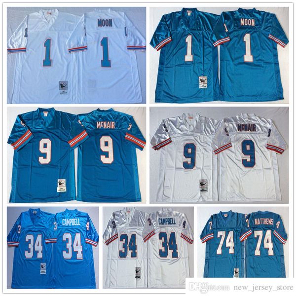 NCAA Throwback 9 Steve McNair Maillots de football Rétro Stitch 1 Warren Moon 34 Earl Campbell 74 Bruce Matthews Jersey College Bleu Blanc