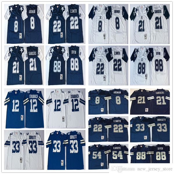 NCAA Throwback Troy Aikman Maillots de football Rétro Stitch 21 Deion Sanders 22 Emmitt Smith Tony Dorsett Randy Michael Irvin Jersey Blanc Bleu