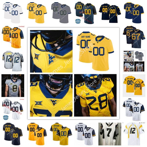 NCAA W V U Maglia da calcio cucita personalizzata 11 Kevin White Andrew Buie 12 Geno Smith Stedman Bailey 8 Karl Joseph Tavon Austin 25 Justin Crawford Rasul Douglas Pat McAfee