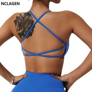 NCLAGEN Dames Sportbeha Sexy Criss Cross Bandjes Terug Hoge Ondersteuning Impact Yoga Ondergoed Running Fiess Gym Gewatteerde Bralette