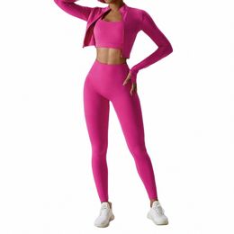 Nclagen Women Sportwear 3 pièces Set Yoga Top Veste Pantalons Leggings Sports Bra Scrunch Shorts Gym Workout Vêtements Fitn Suits E07Z #