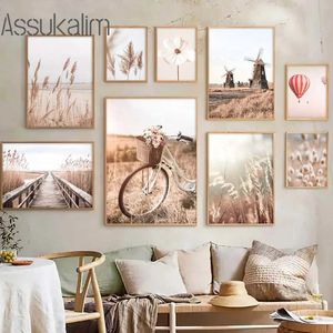 NDSCAPE BEIGE Wall Art Bicycle Printing Image Orchidée Canvas Poster Dandelion Affiche Affiche nordique Décoration murale de chambre nordique J240505