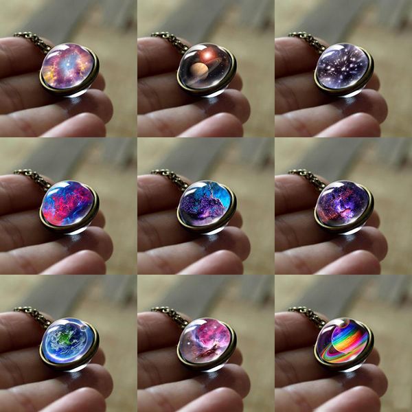 Collar con colgante de doble cara de galaxia y nebulosa para mujer, imagen artística de cristal hecha a mano, joyería de planeta universo a granel