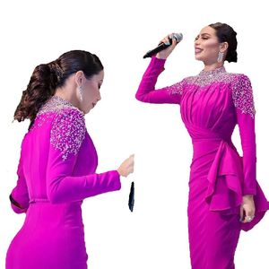 Hals 2021 Fuschia Hoge Moslim Zeemeermin Avondjurken Kralen Kralen Elegante Lange Mouwen Formele Ocn Jurken Dames Prom Feestkleding GG