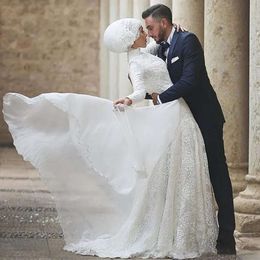 Nekjurken 2021 Moslim High Lace Applique Chiffon Lange mouwen Sweep Train Custom Made Plus Size Wedding Bridal Gown Vestidos