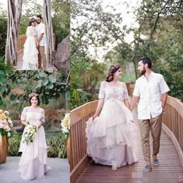 Robes de cou courtes manches vintage en dentelle bijou à tranches jupe en tulle train plus taille de mariage robes de mariée vestido de novia